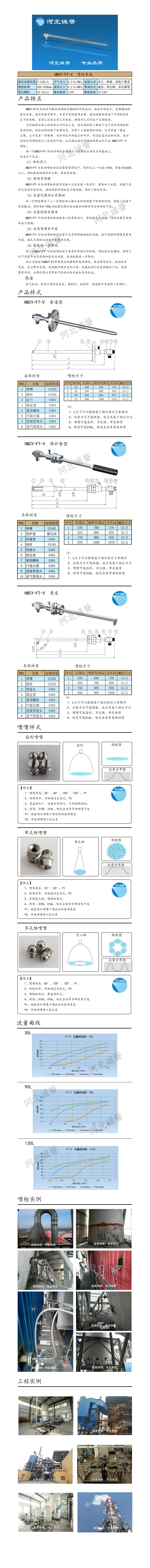 FT-V脫硝噴槍、保護(hù)套、噴槍參數(shù)、材質(zhì)尺寸、流量分布圖、扇形空心錐俯視圖介紹，以及噴槍霧化視頻展示和工程案例介紹