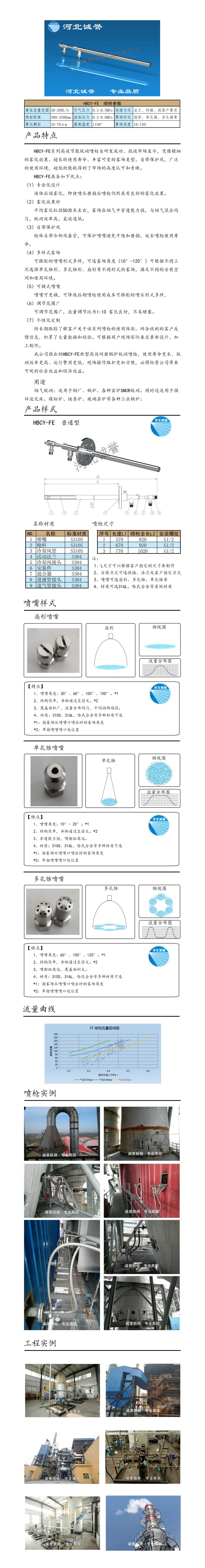 電廠脫硝噴槍保護(hù)套、噴槍參數(shù)、材質(zhì)尺寸、流量分布圖、扇形空心錐俯視圖介紹，以及噴槍霧化視頻展示和工程案例介紹